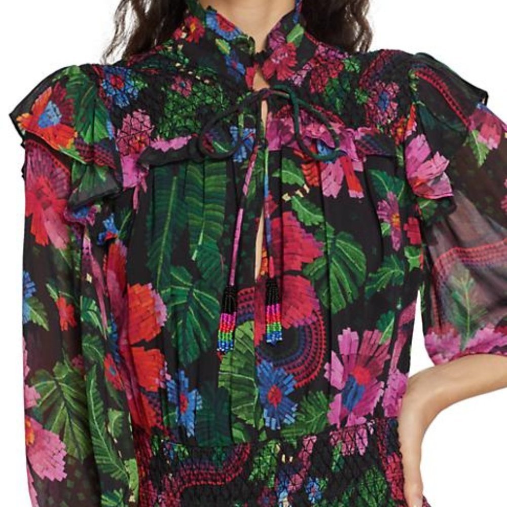 Farm Rio NWOT Blooming Garden Floral Smocked Minidress Size Small - Picture 2 of 7